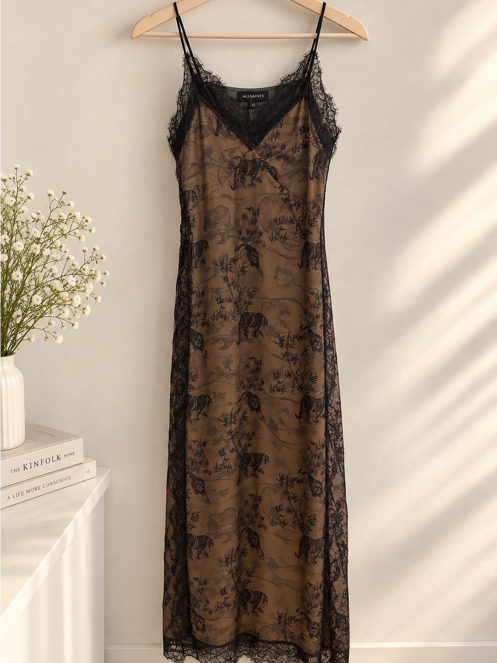 AllSaints Green Slip Dress with Black Lace Trim and Black Animal Print XS
